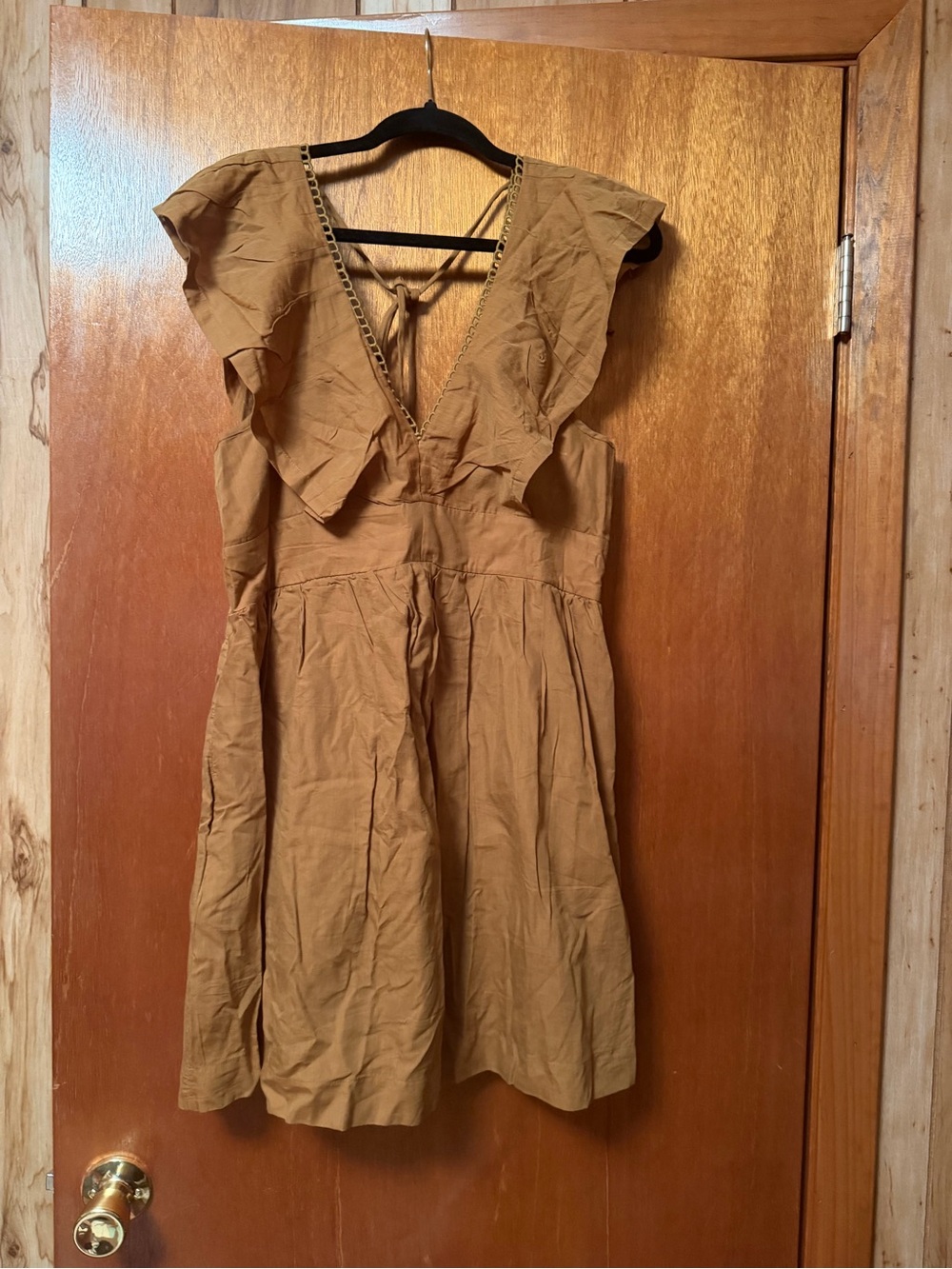 Anthropologie Mustard Brown Ruffle V-Neck Tie-Back Mini Dress